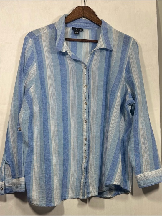 Erika Tops - Erika Blue and White Vertical Stripe Button-Down Shirt